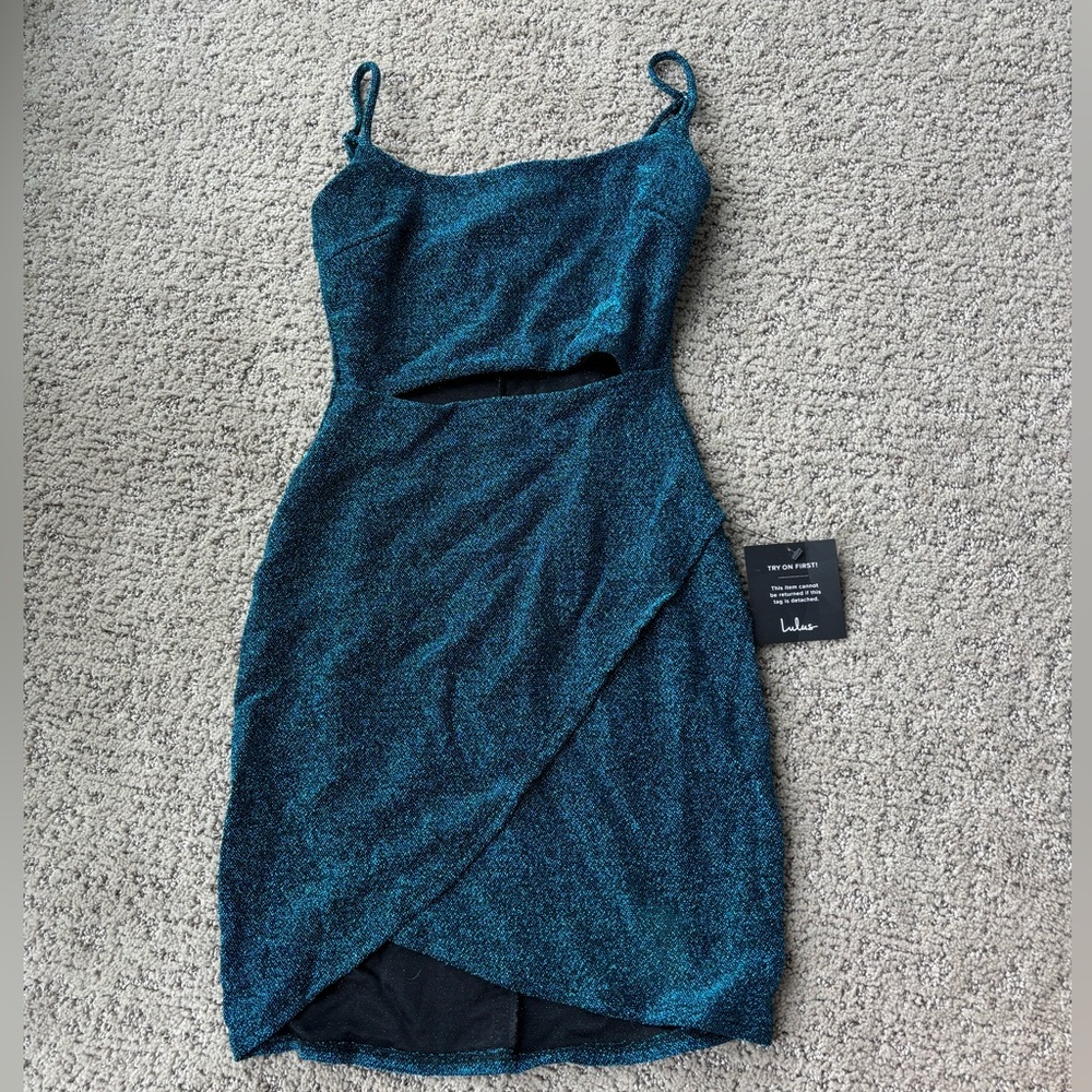 Lulus Cutout on The Town Teal Blue Metallic Cutout Tulip Mini Dress